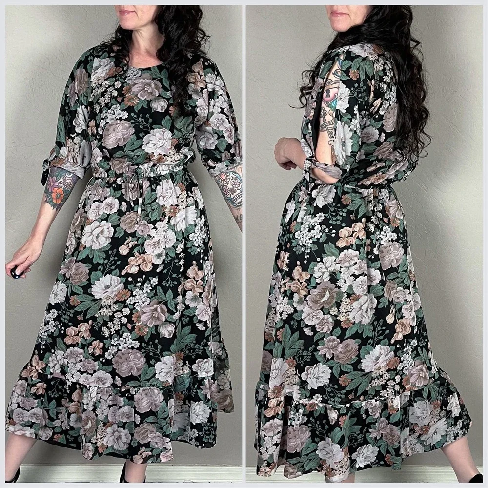 Vintage 1970s Homemade Black Floral Split Sleeve Midi Dress - Picture 4 of 7